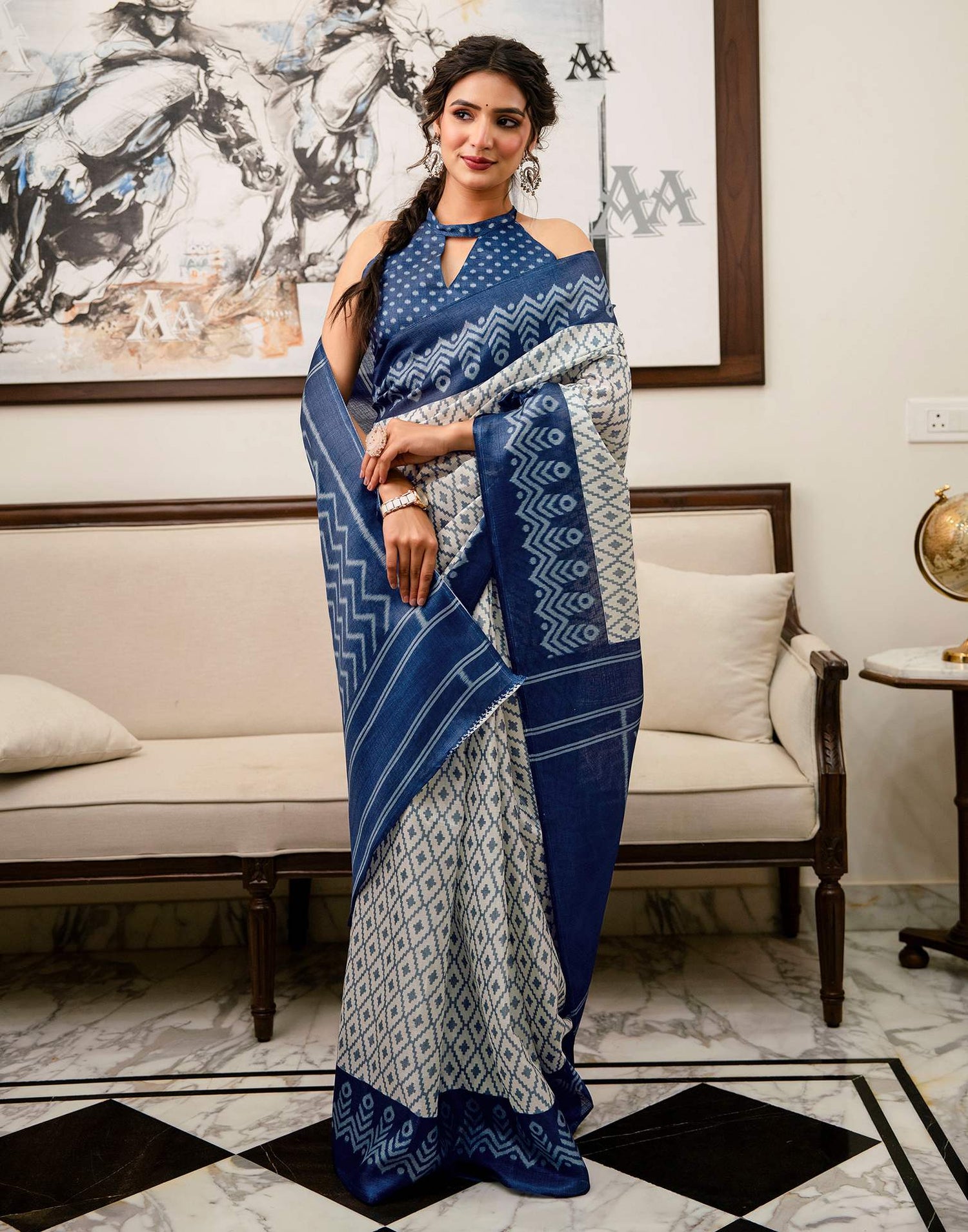 Off White Khadi Ikkat Printed Saree 