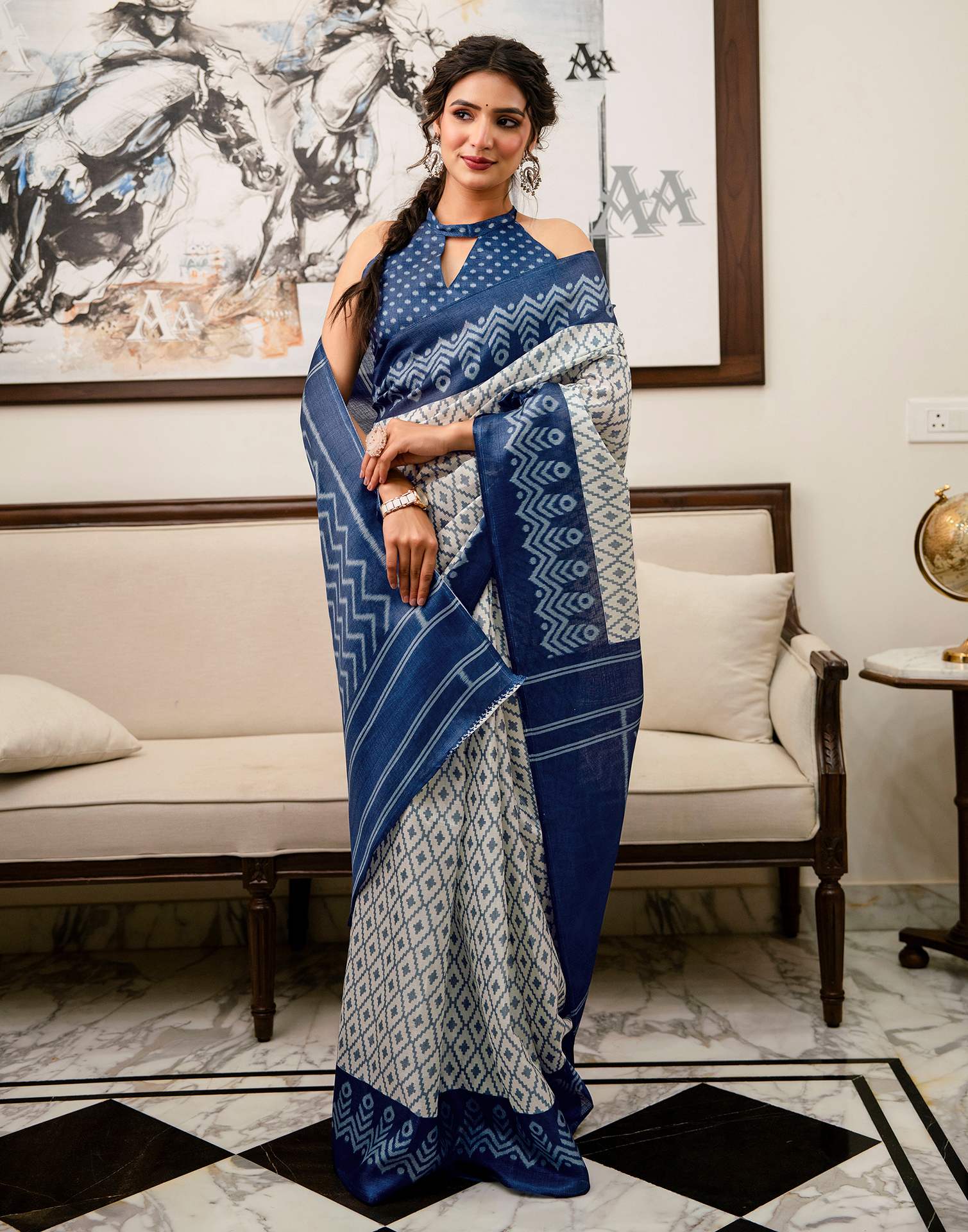 Off White Khadi Ikkat Printed Saree 