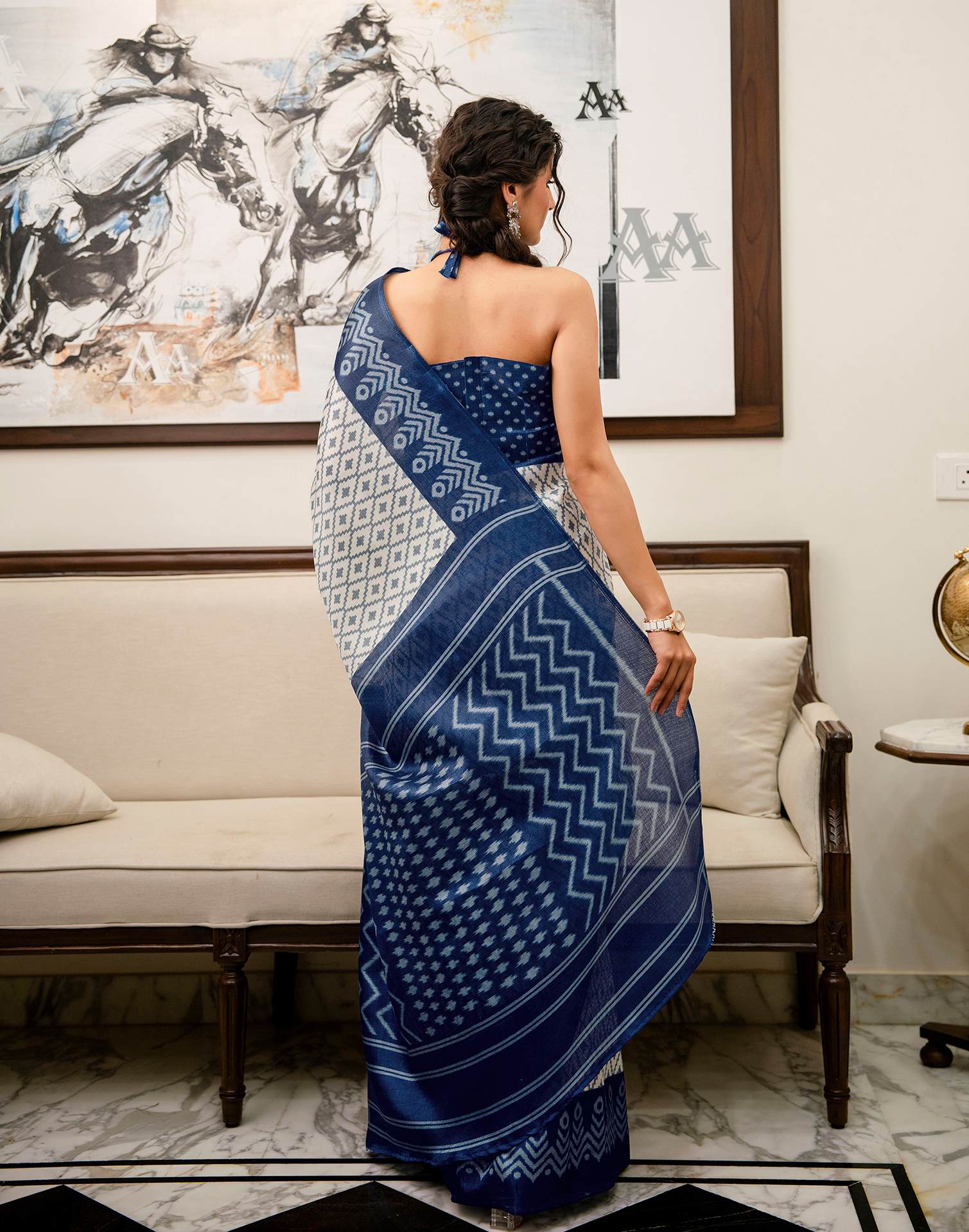 Off White Khadi Ikkat Printed Saree 