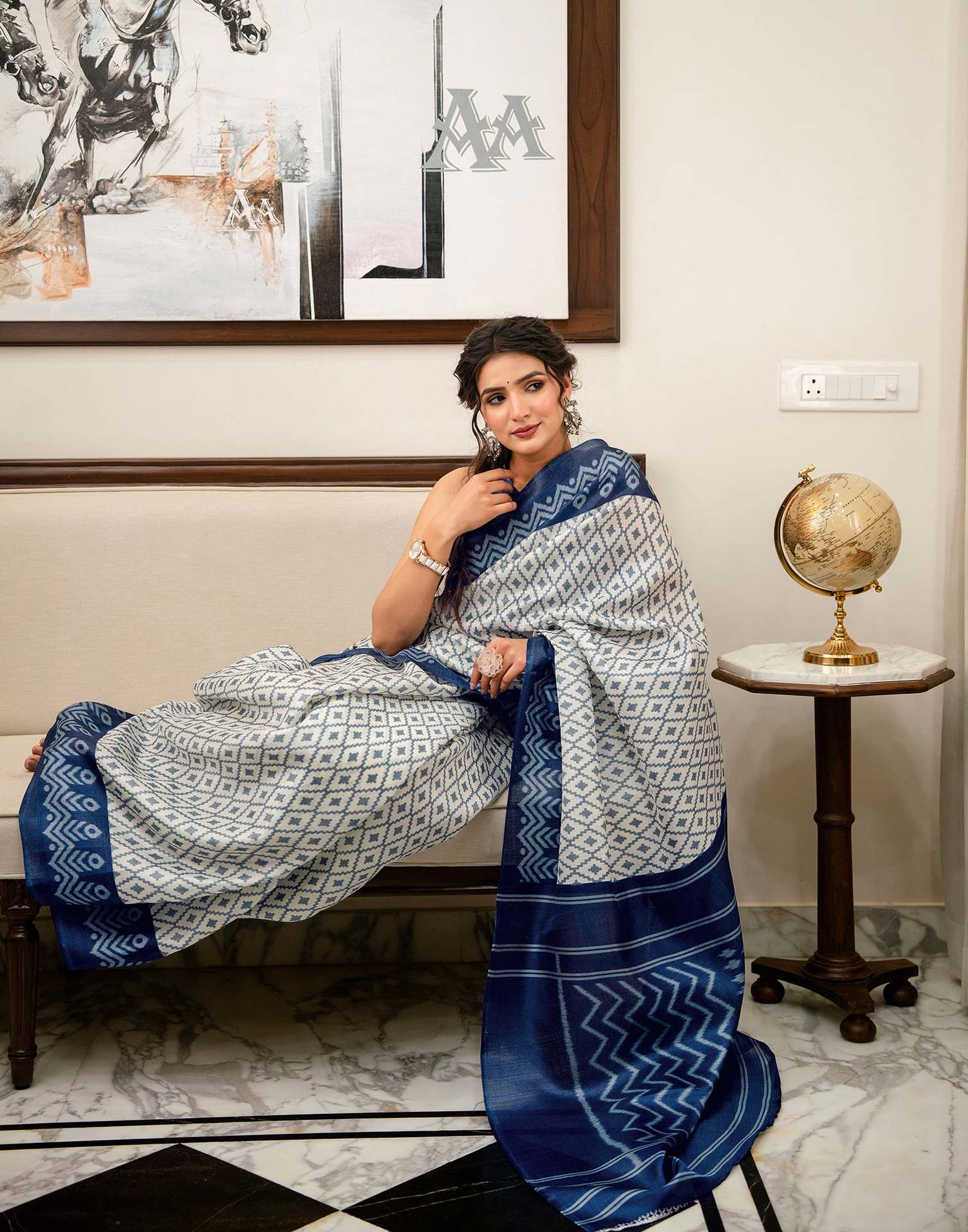 Off White Khadi Ikkat Printed Saree 