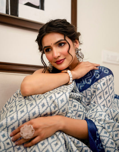 Off White Khadi Ikkat Printed Saree 