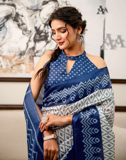 Off White Khadi Ikkat Printed Saree 