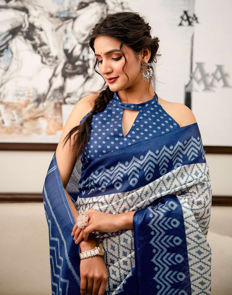 Off White Khadi Ikkat Printed Saree 
