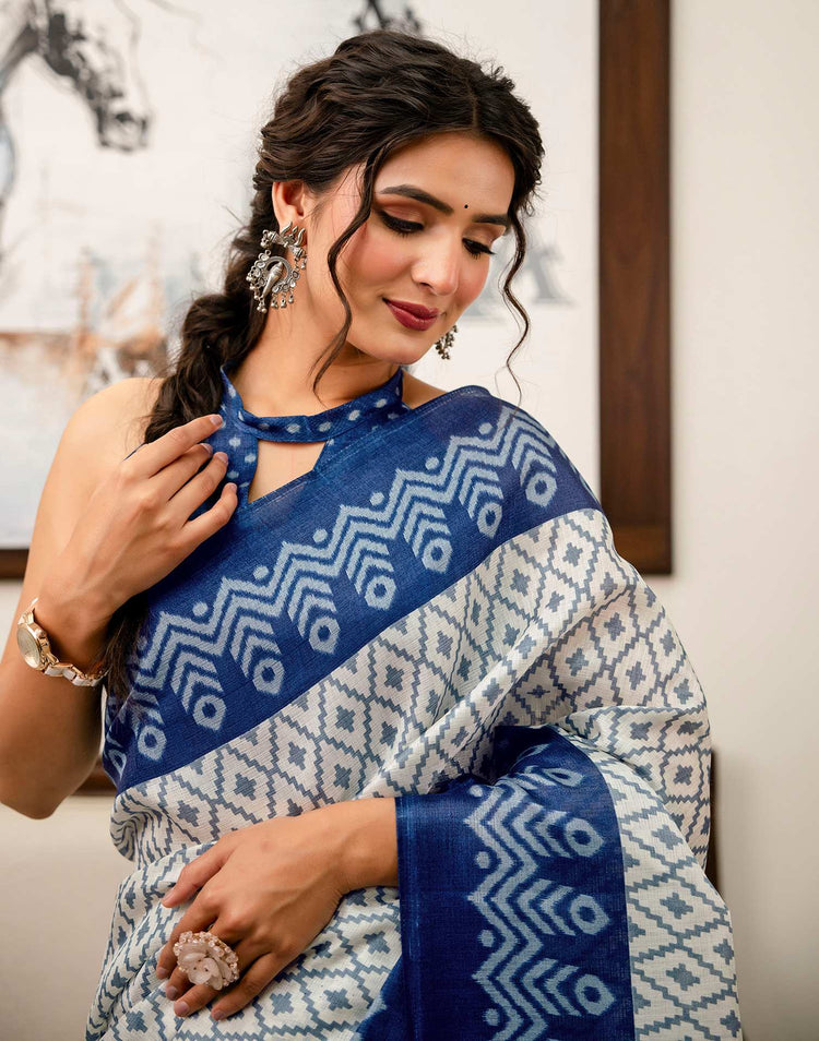 Off White Khadi Ikkat Printed Saree 