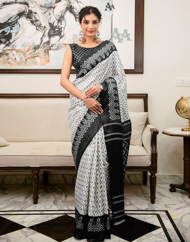 Off White Khadi Ikkat Printed Saree 