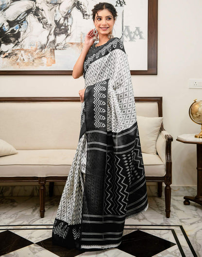Off White Khadi Ikkat Printed Saree 