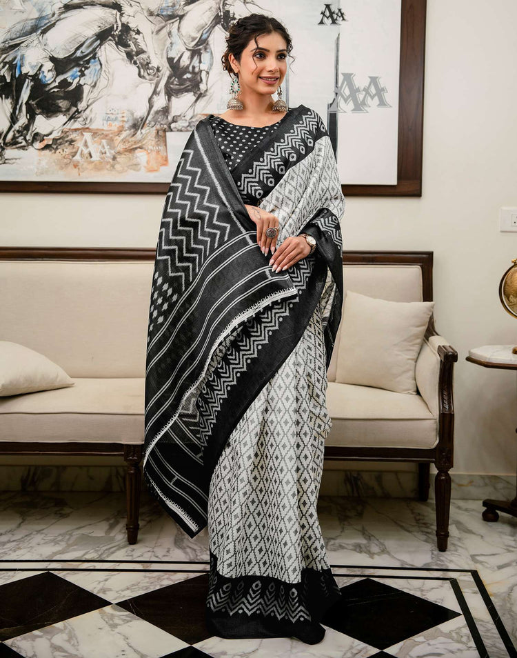 Off White Khadi Ikkat Printed Saree 