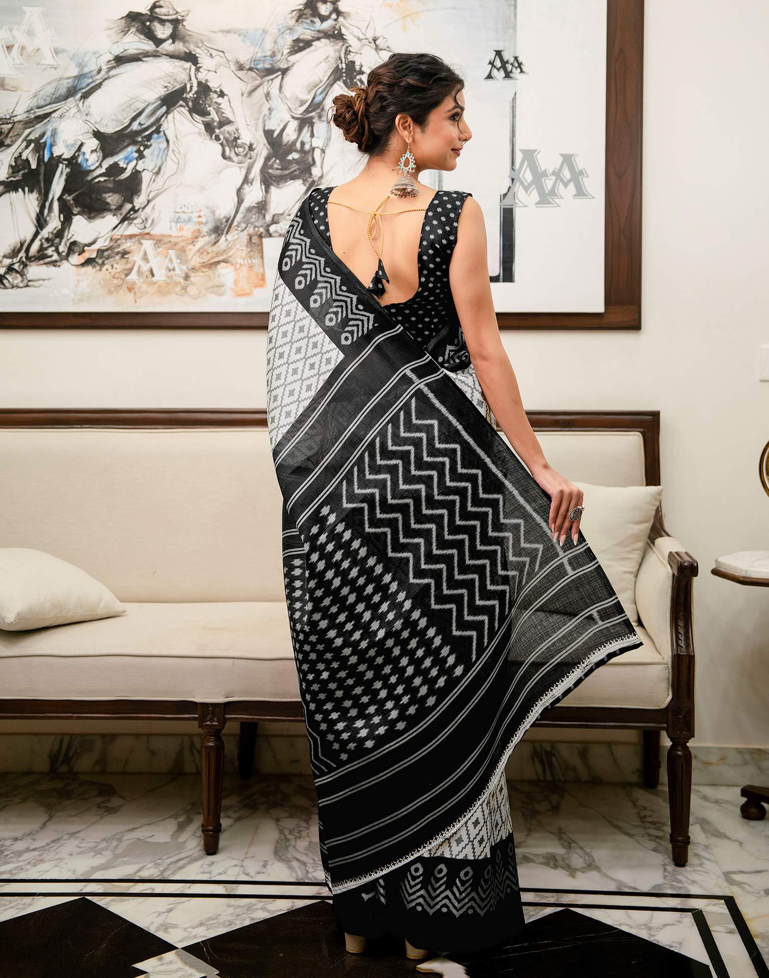 Off White Khadi Ikkat Printed Saree 