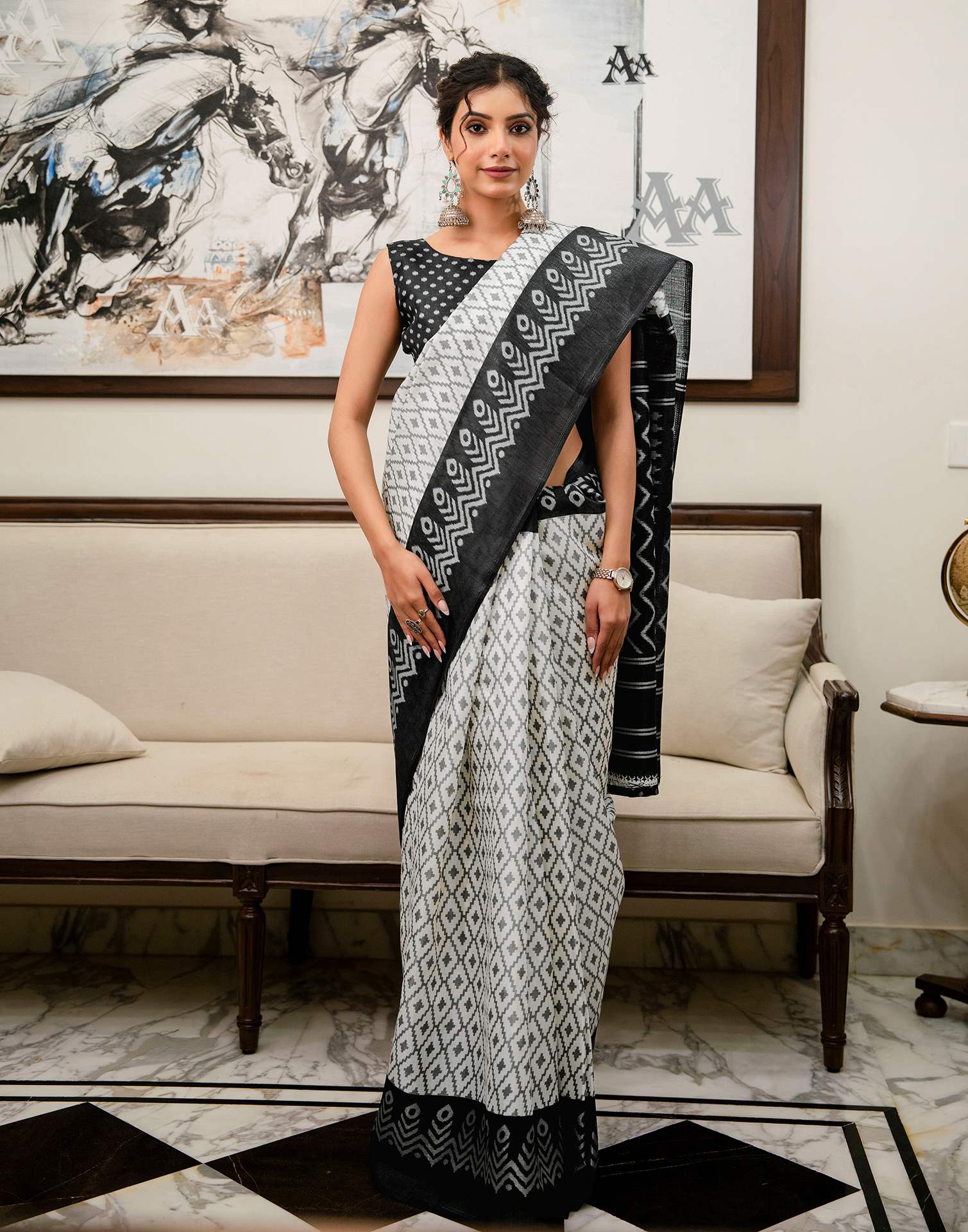 Off White Khadi Ikkat Printed Saree 