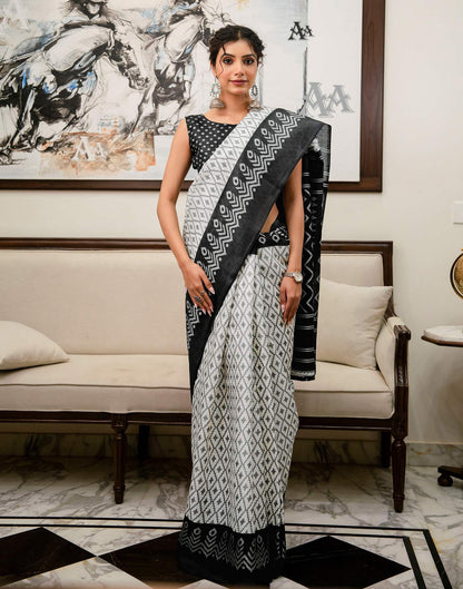 Off White Khadi Ikkat Printed Saree 