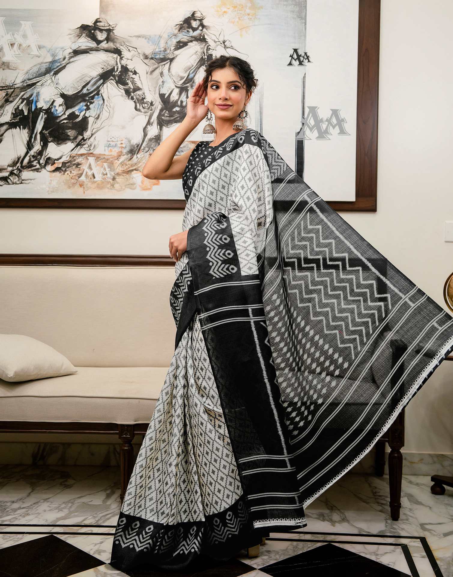 Off White Khadi Ikkat Printed Saree 