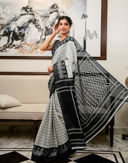 Off White Khadi Ikkat Printed Saree 