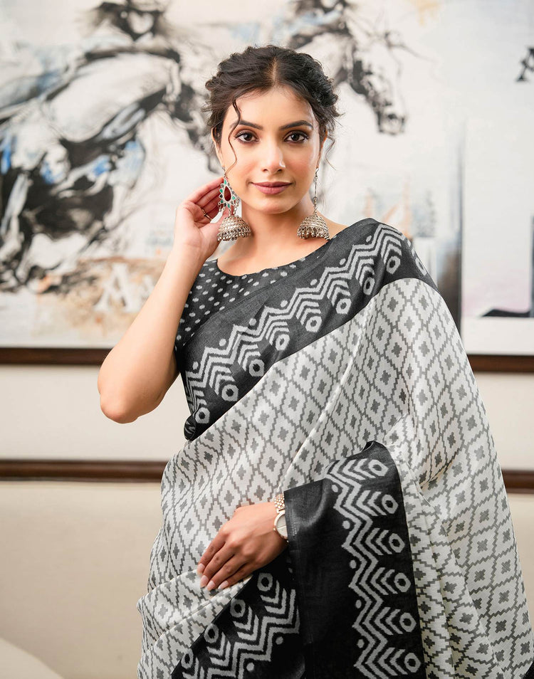 Off White Khadi Ikkat Printed Saree 