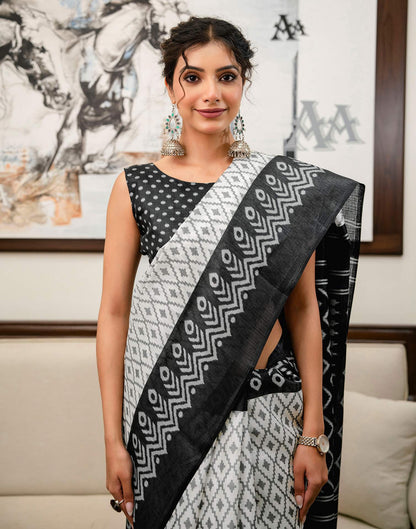 Off White Khadi Ikkat Printed Saree 