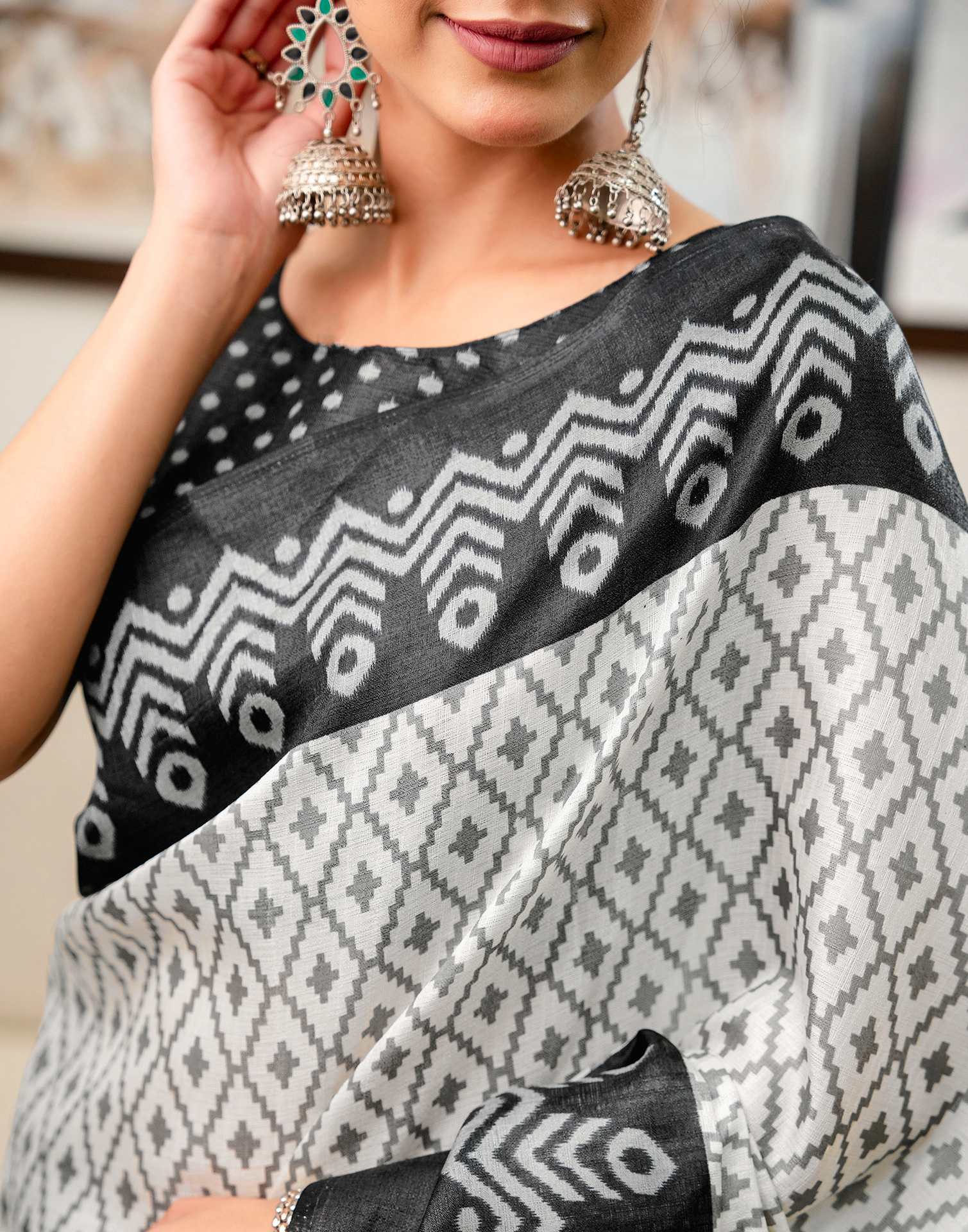 Off White Khadi Ikkat Printed Saree 