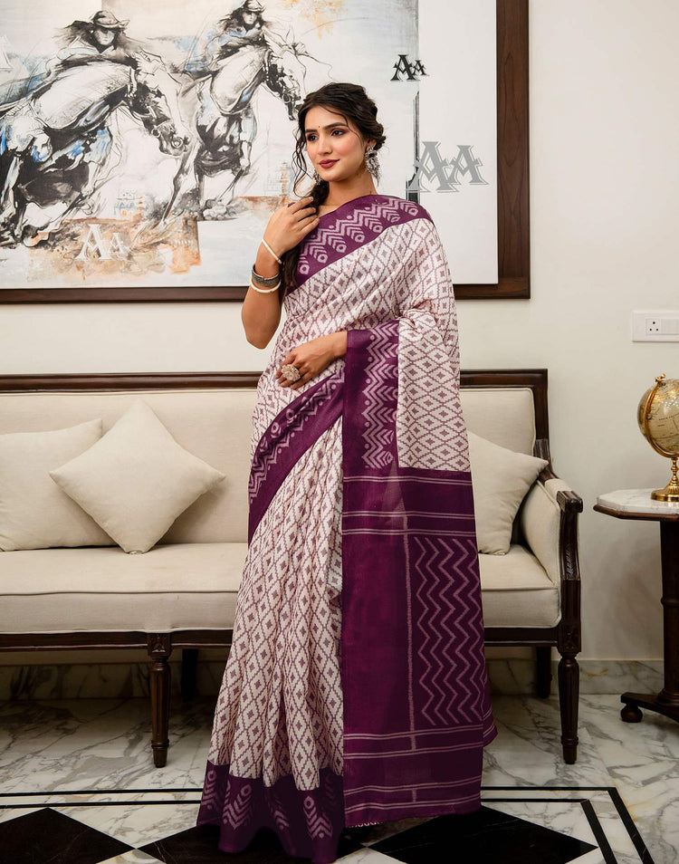 Off White Khadi Ikkat Printed Saree 