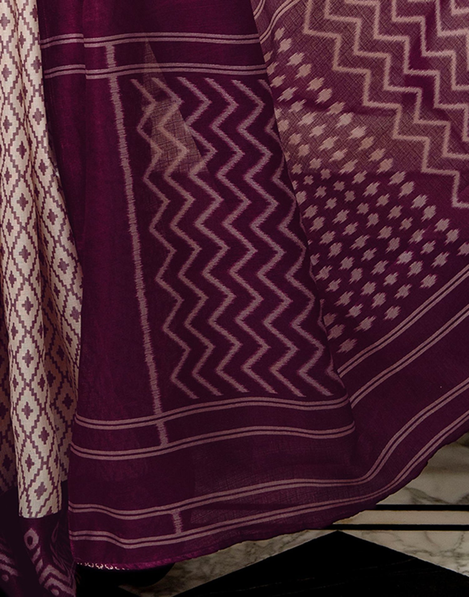 Off White Khadi Ikkat Printed Saree 