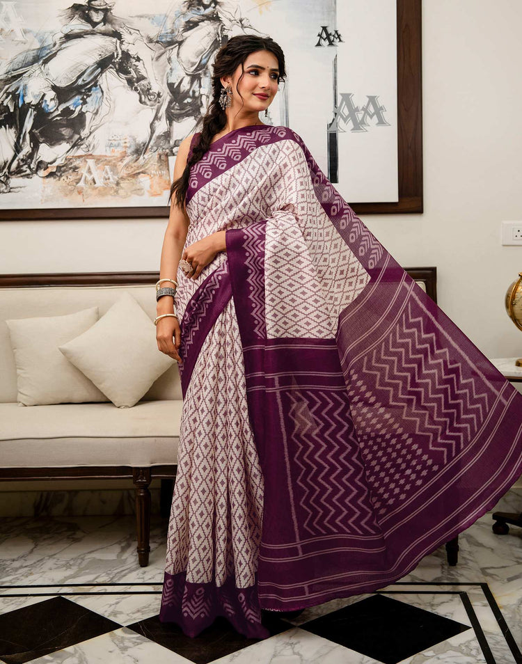 Off White Khadi Ikkat Printed Saree 