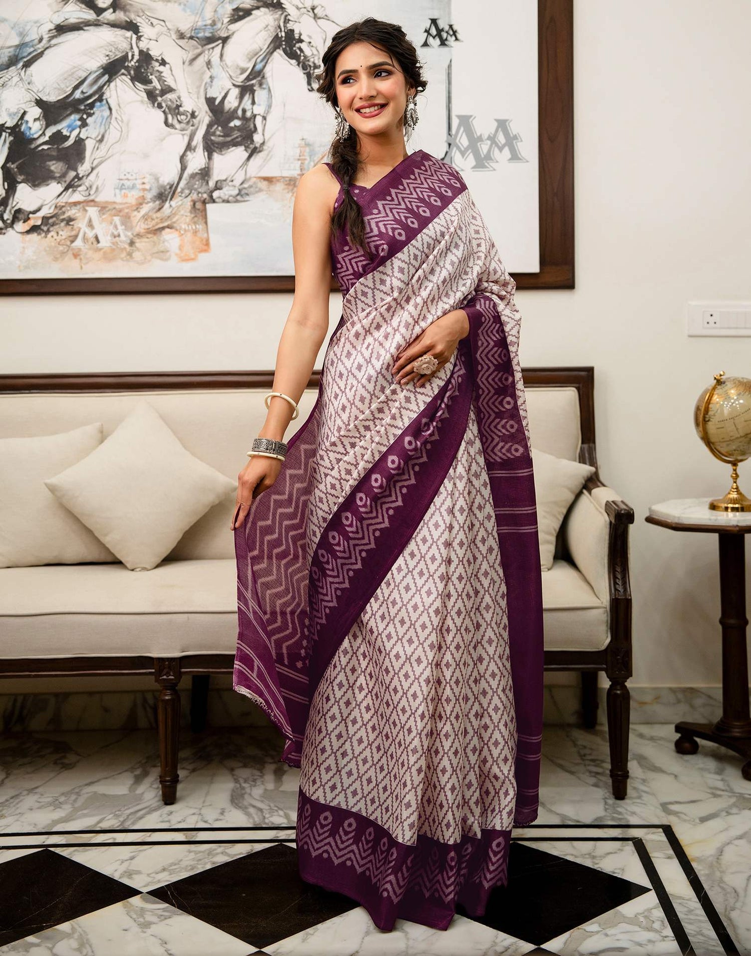 Off White Khadi Ikkat Printed Saree 
