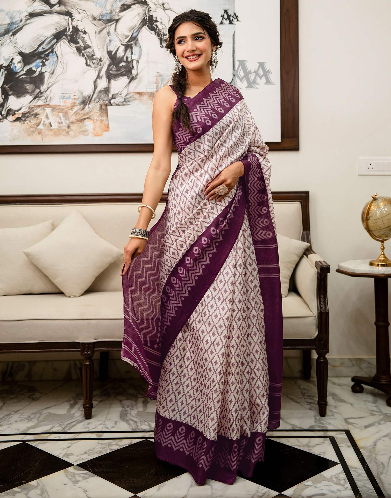 Off White Khadi Ikkat Printed Saree 
