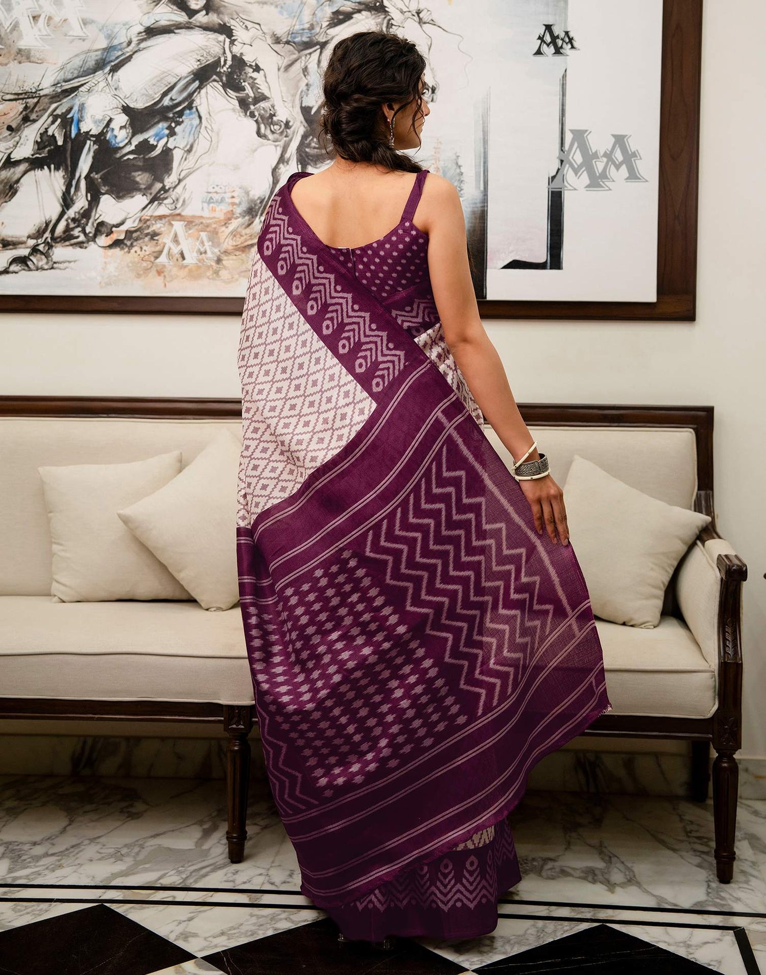 Off White Khadi Ikkat Printed Saree 