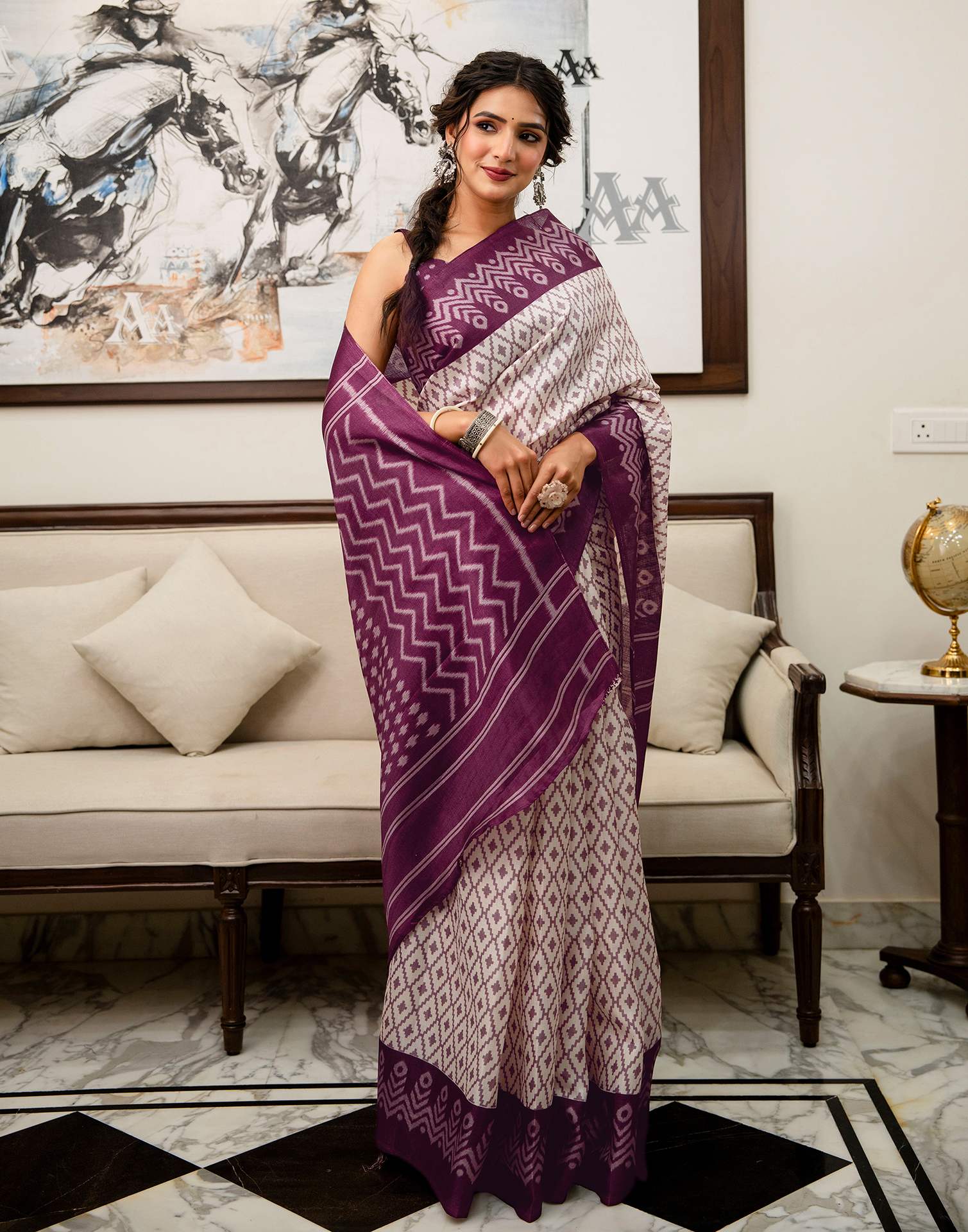 Off White Khadi Ikkat Printed Saree 