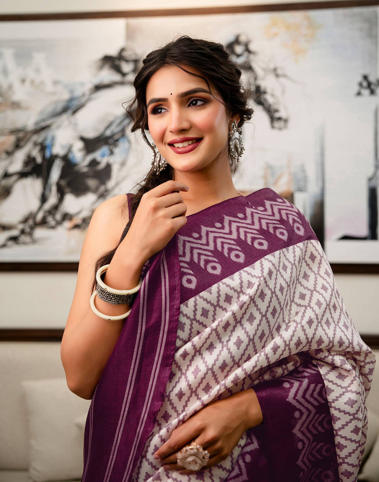 Off White Khadi Ikkat Printed Saree 