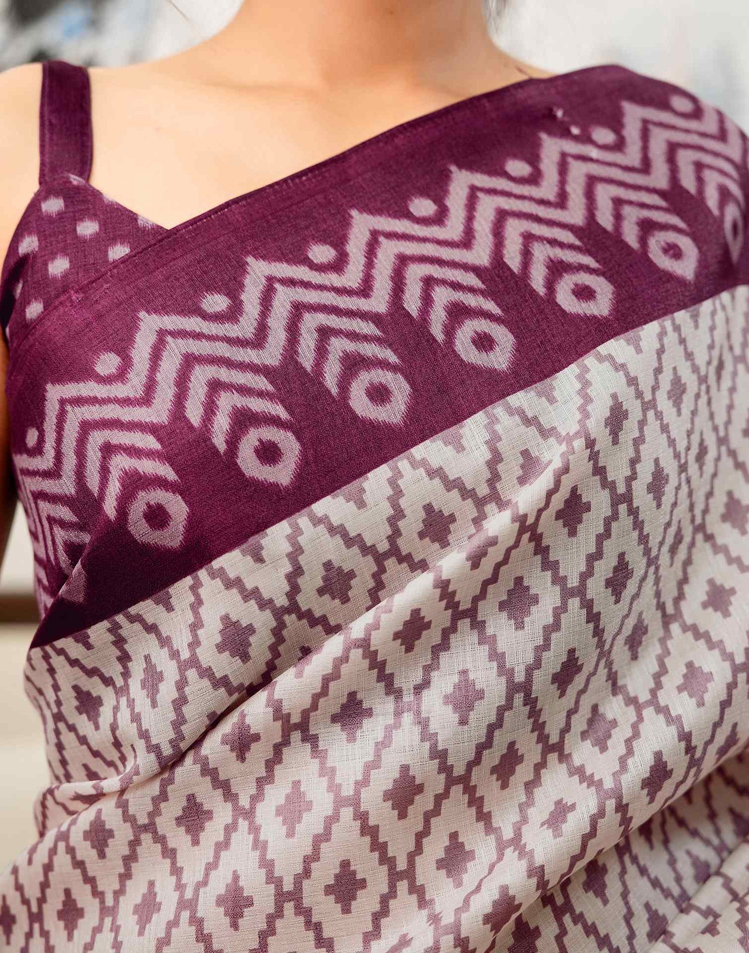 Off White Khadi Ikkat Printed Saree 