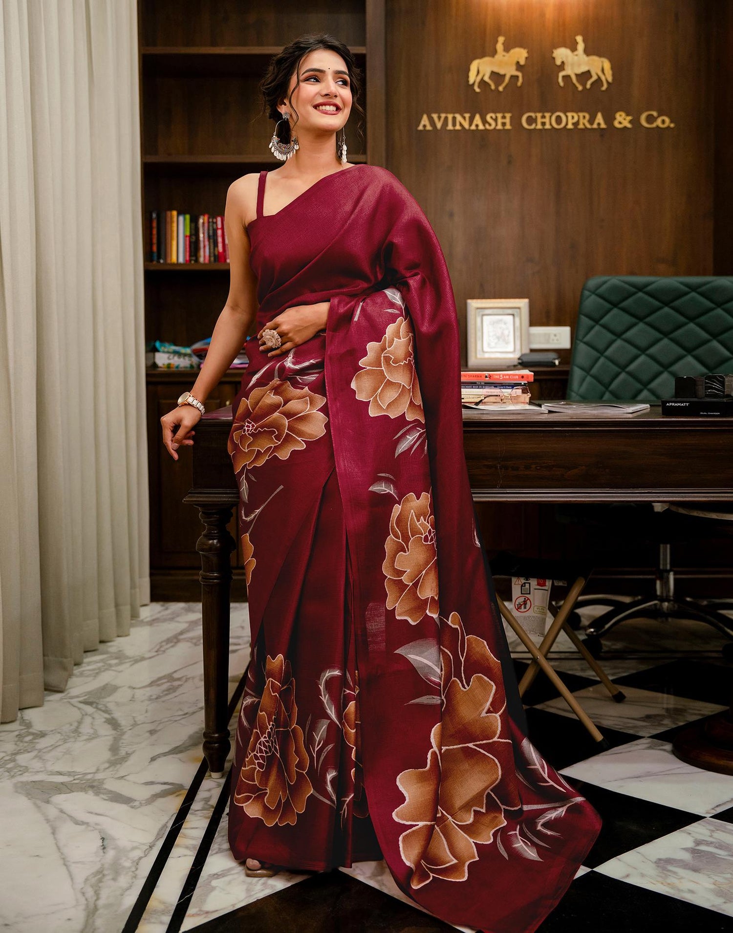Maroon Khadi Floral Printed Saree