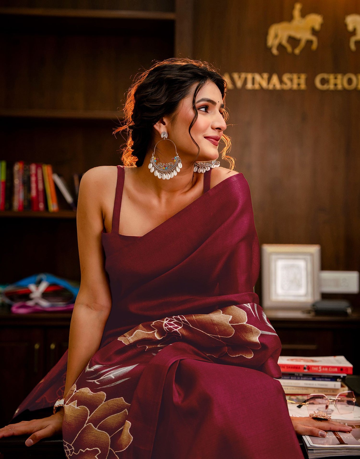 Maroon Khadi Floral Printed Saree