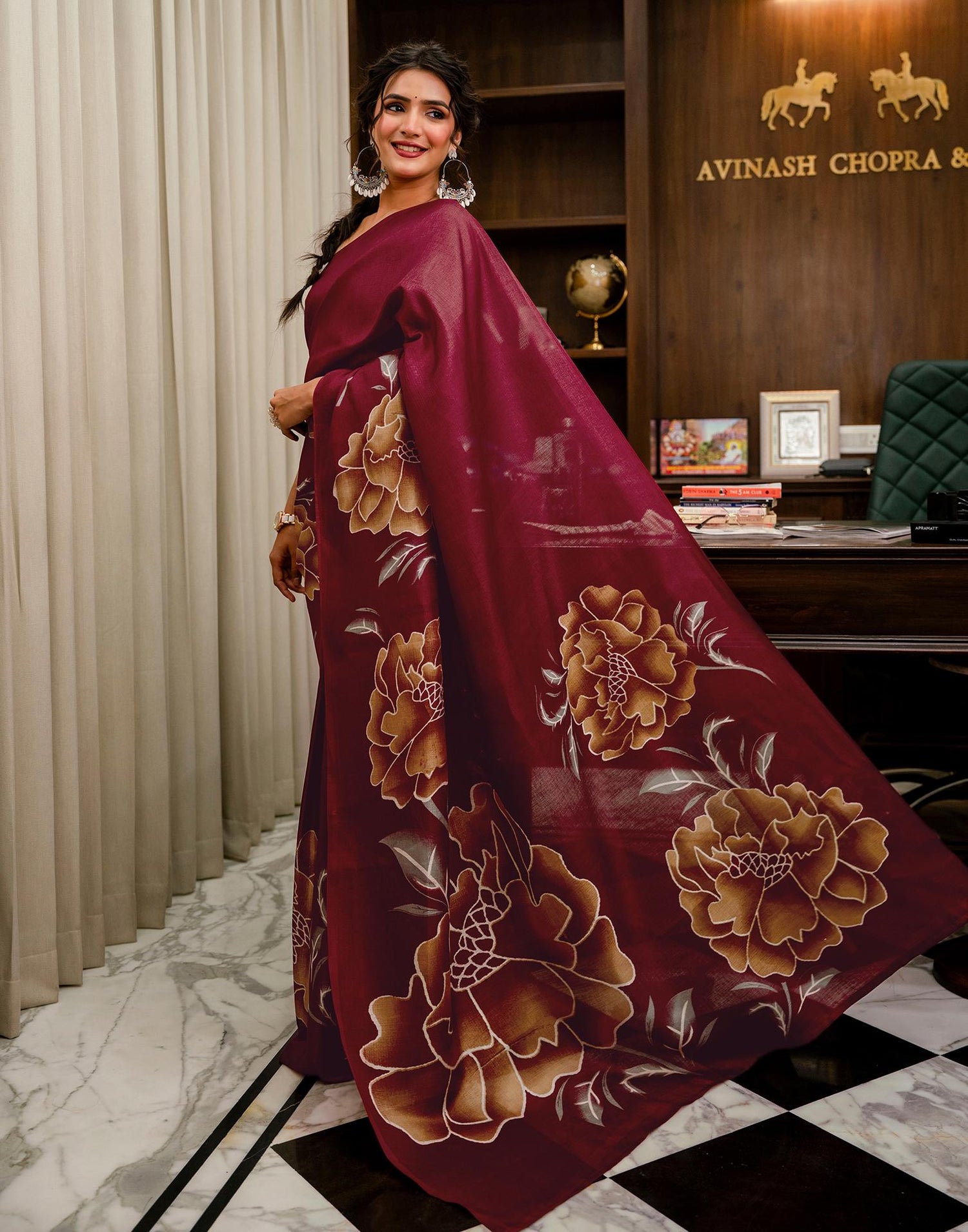 Maroon Khadi Floral Printed Saree