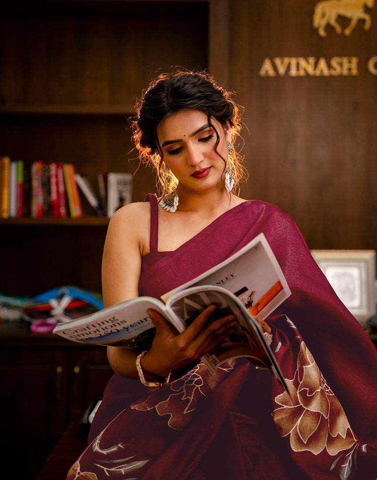 Maroon Khadi Floral Printed Saree