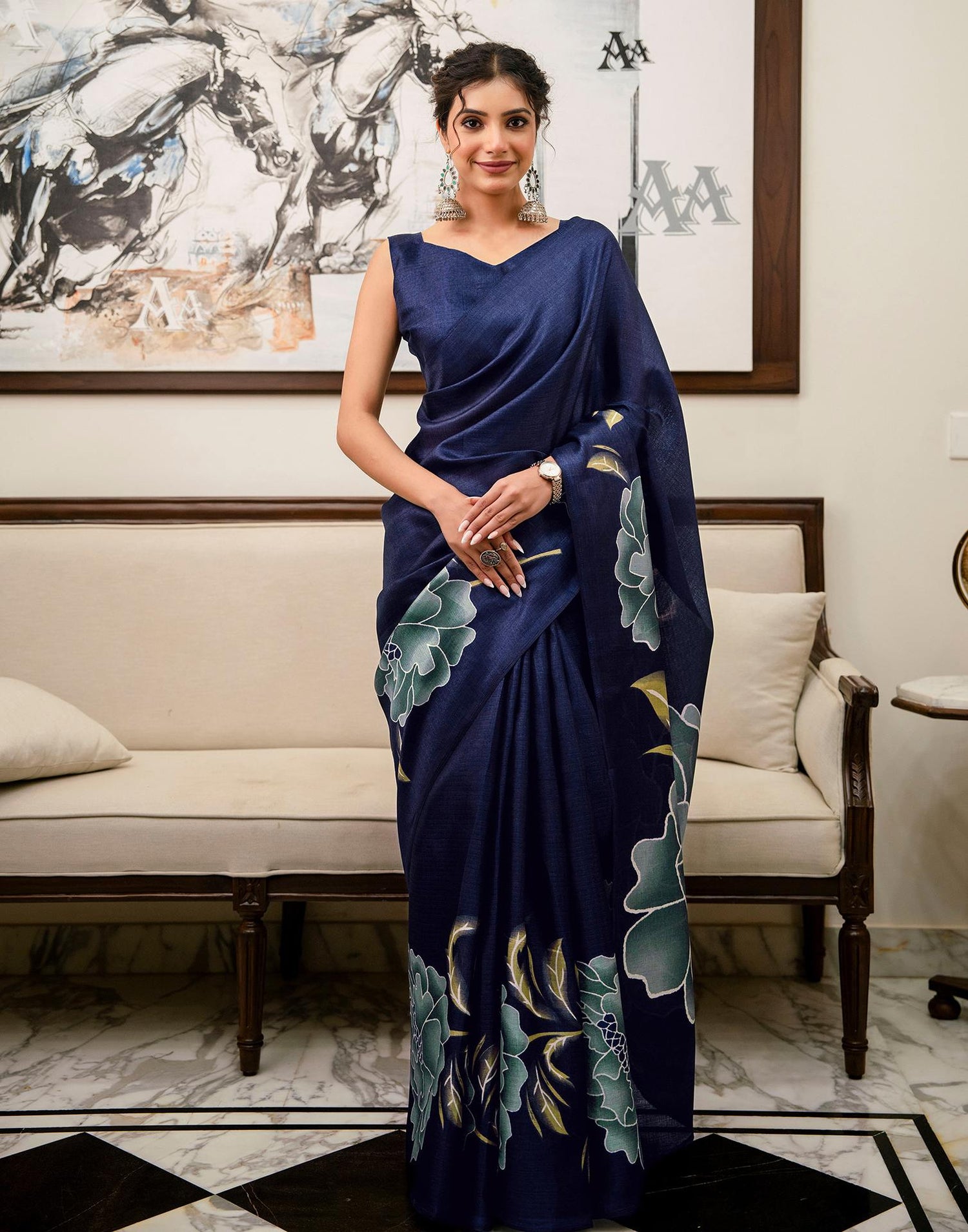 Navy Blue Khadi Floral Printed Saree