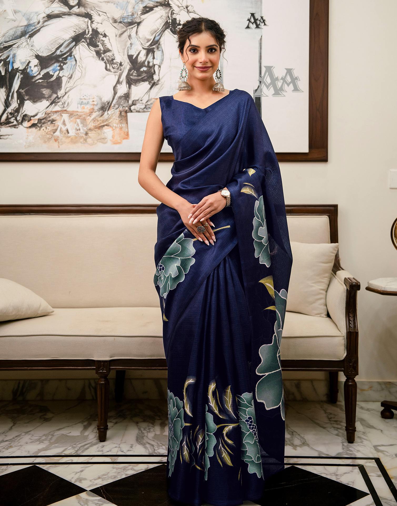 Navy Blue Khadi Floral Printed Saree