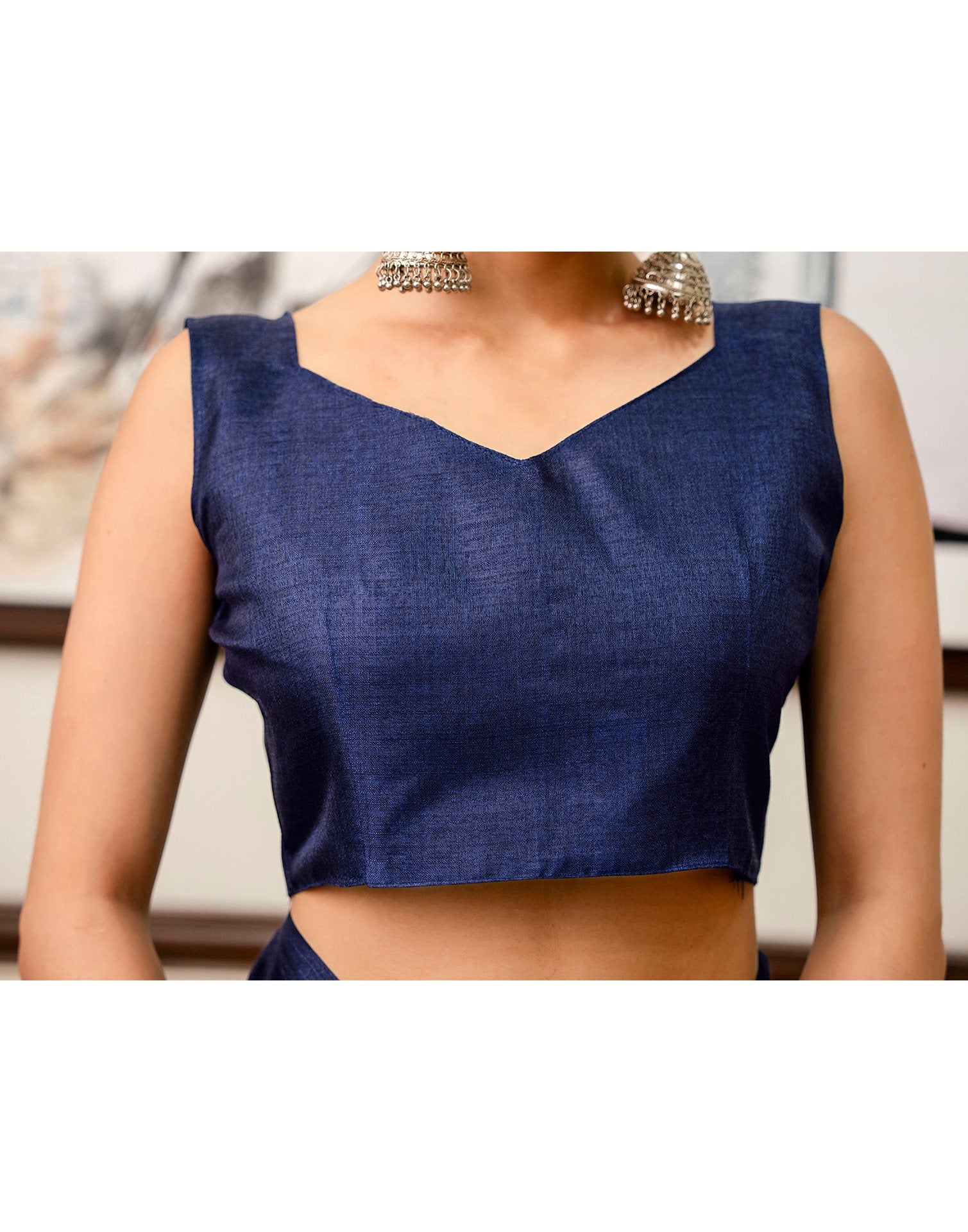 Navy Blue Khadi Floral Printed Saree