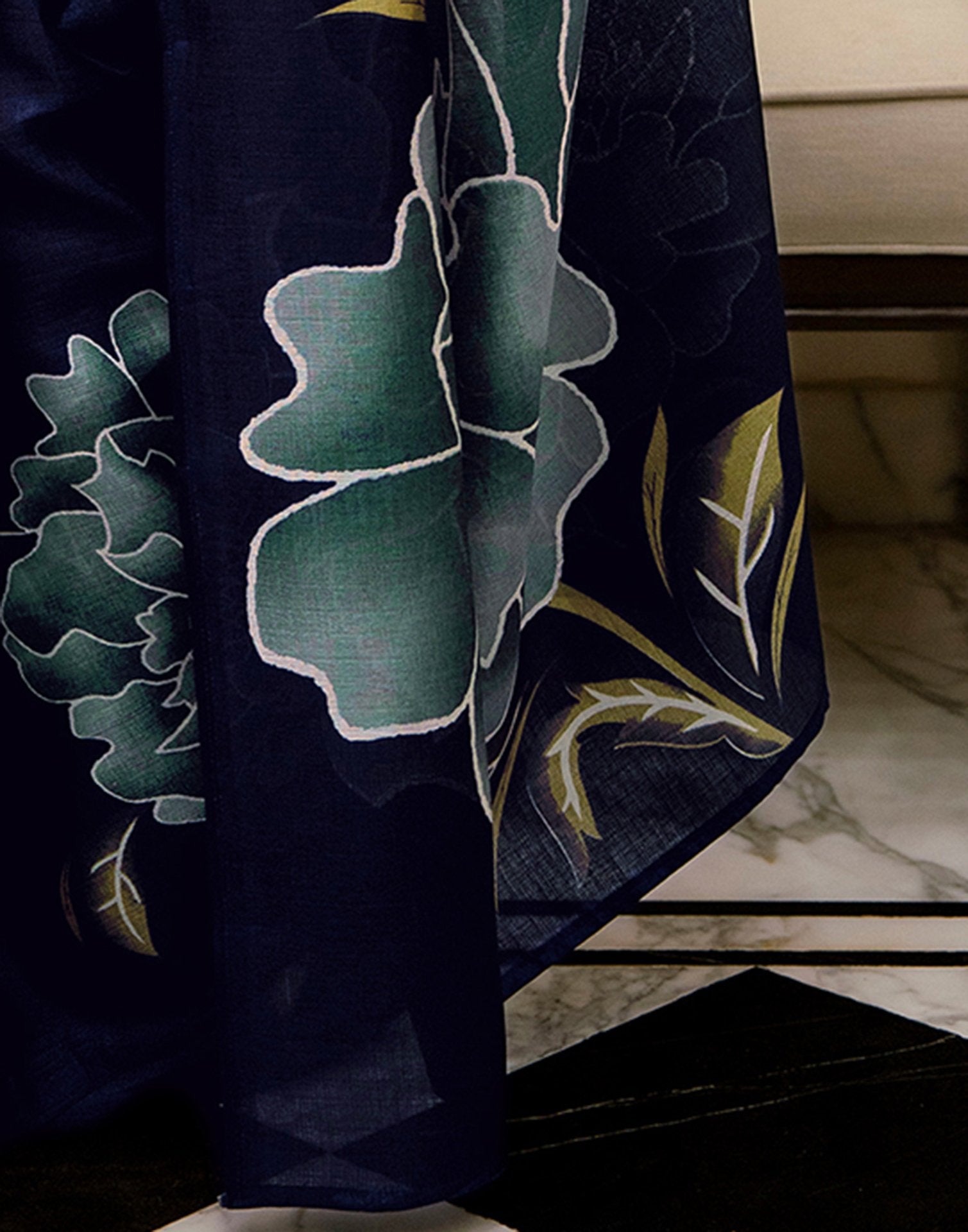 Navy Blue Khadi Floral Printed Saree