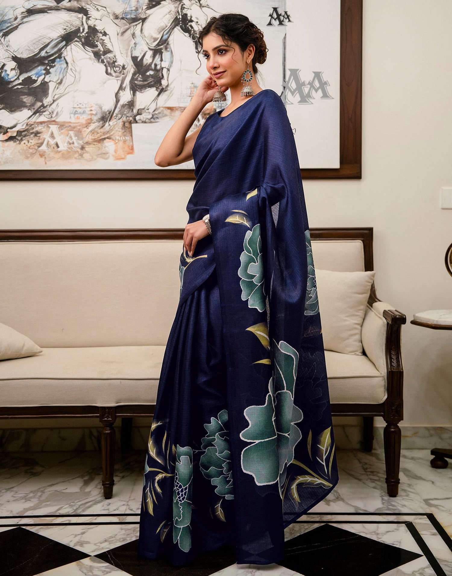 Navy Blue Khadi Floral Printed Saree