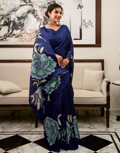 Navy Blue Khadi Floral Printed Saree