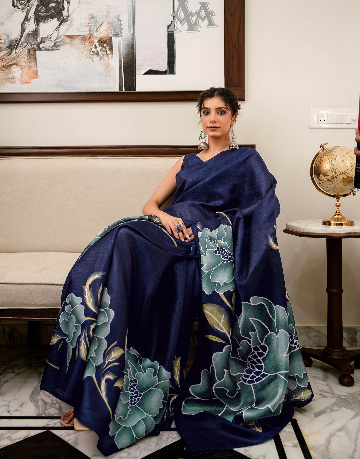 Navy Blue Khadi Floral Printed Saree