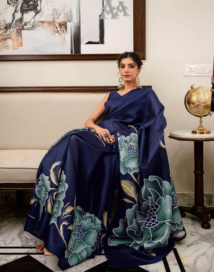 Navy Blue Khadi Floral Printed Saree