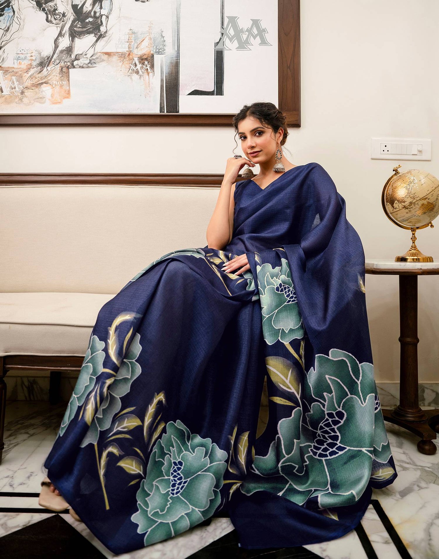 Navy Blue Khadi Floral Printed Saree