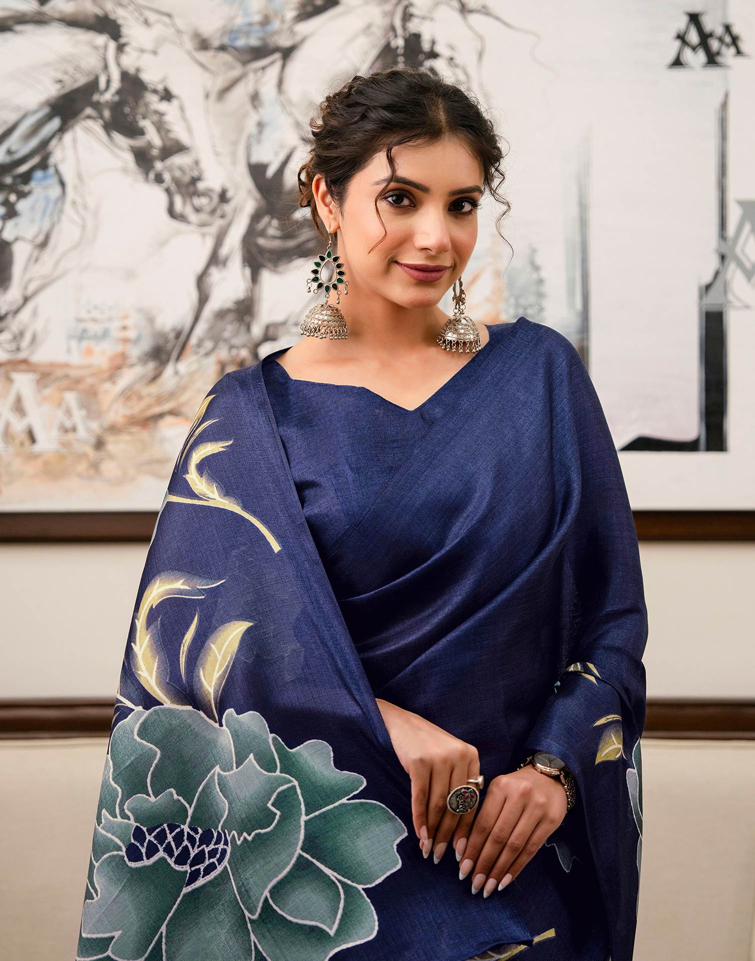 Navy Blue Khadi Floral Printed Saree