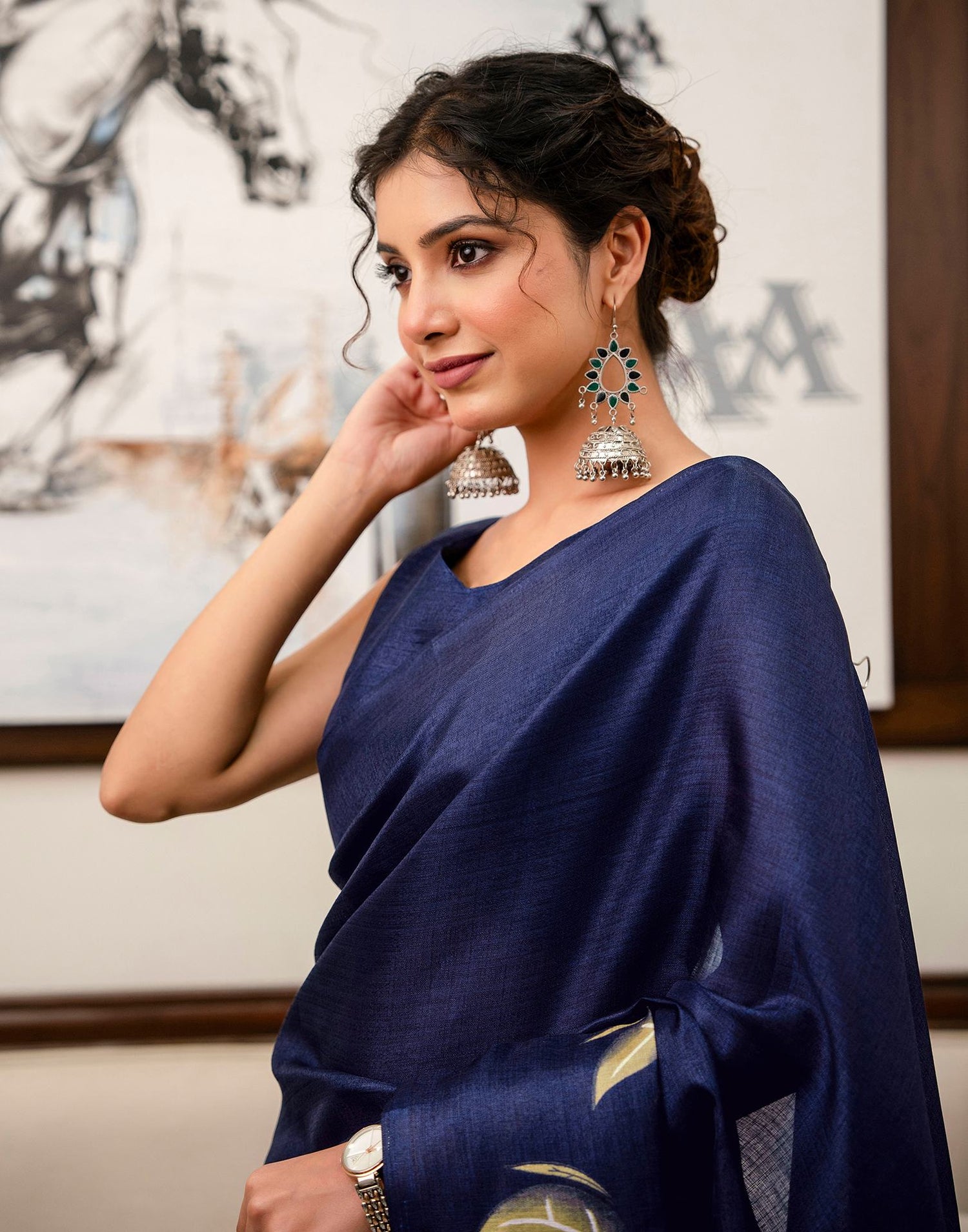 Navy Blue Khadi Floral Printed Saree