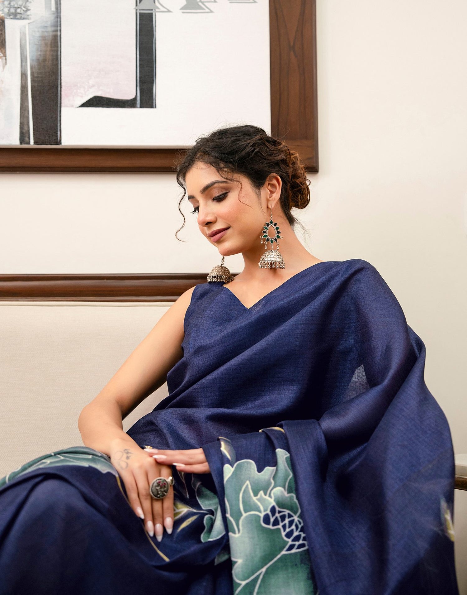 Navy Blue Khadi Floral Printed Saree