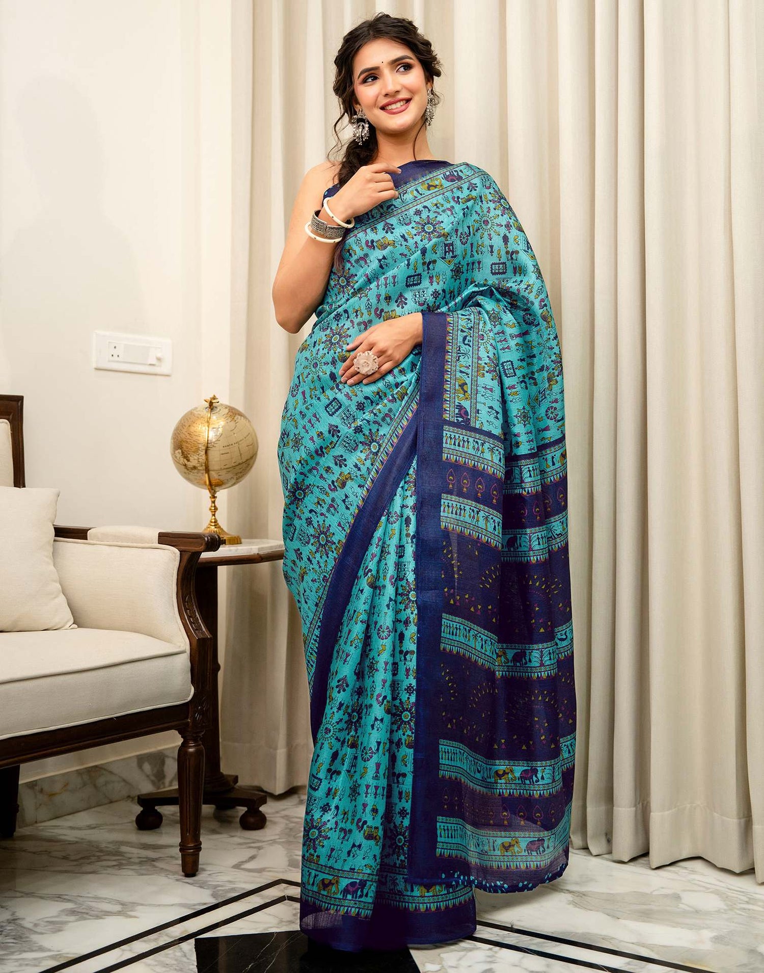 Turquoise Khadi Printed Saree