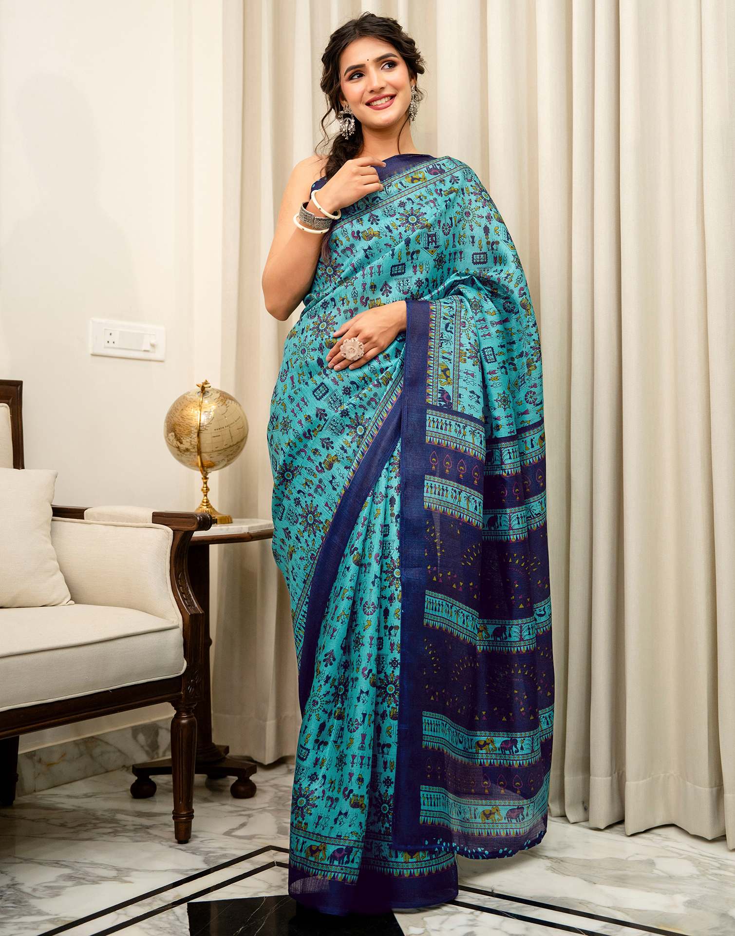 Turquoise Khadi Printed Saree