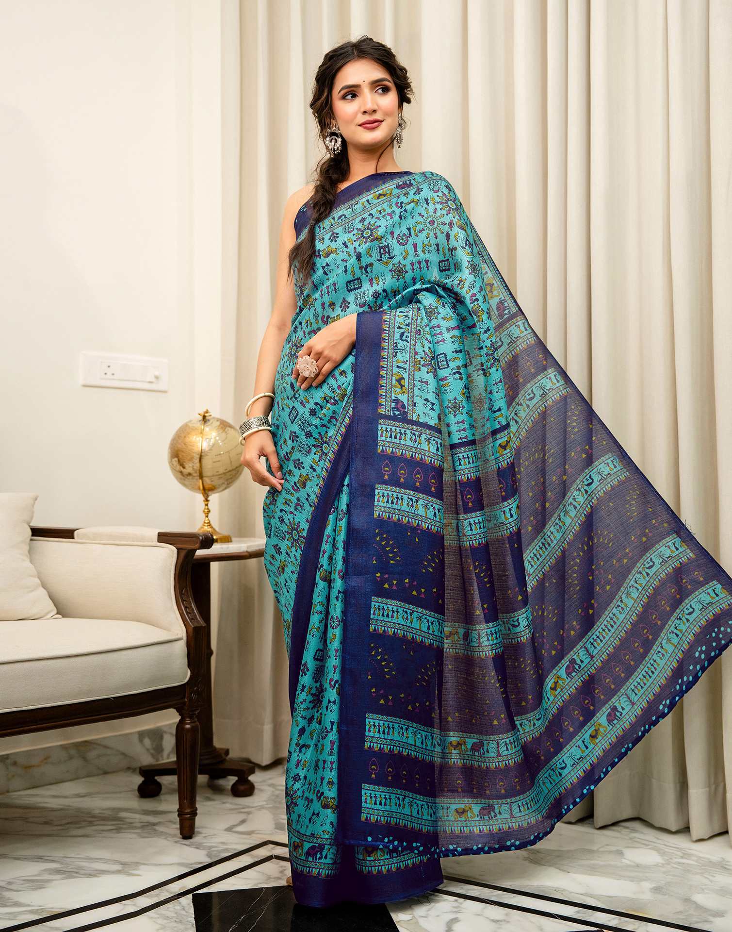Turquoise Khadi Printed Saree