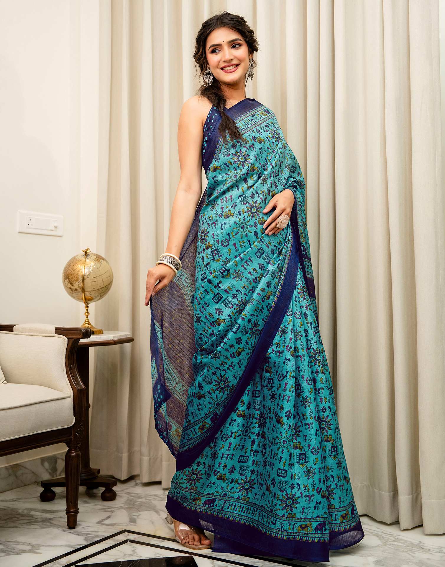 Turquoise Khadi Printed Saree
