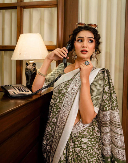 Mehandi Green Khadi Printed Saree
