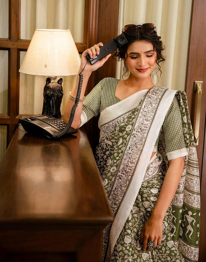 Mehandi Green Khadi Printed Saree